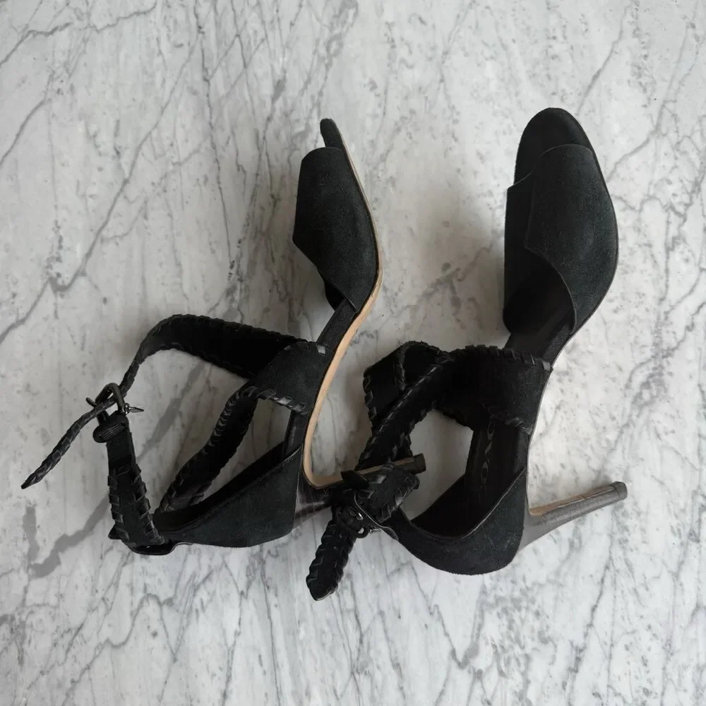 Coach Women's Henny Sandal Ankle Strap Heel Open Toe Black Suede Dressy 6 B